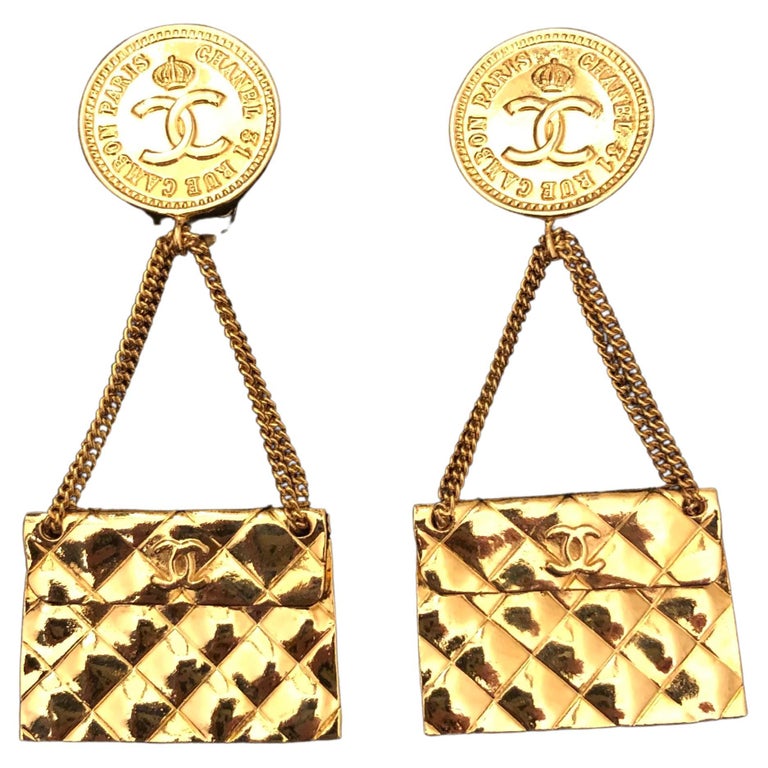 1980s Vintage Chanel Gold Toned Quilted Flap Bag Dangle Clip On Earrings at  1stDibs