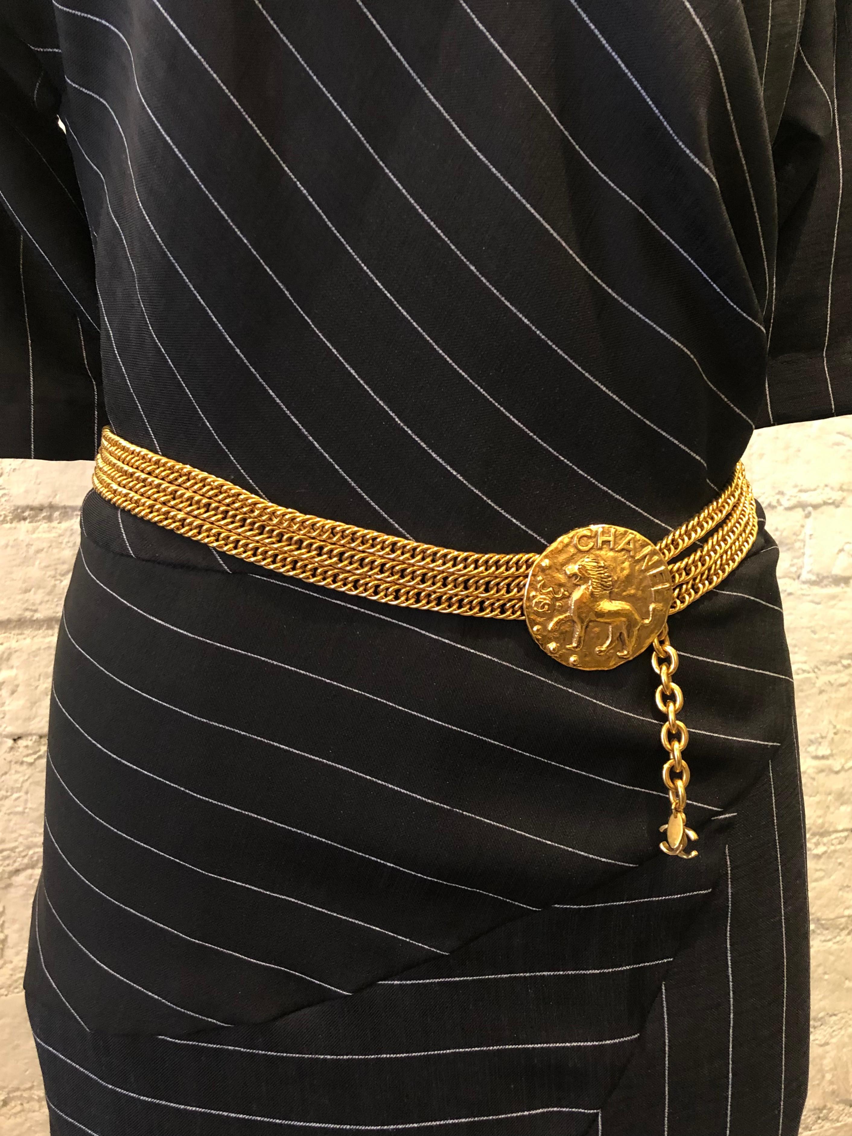 1980s Vintage CHANEL Gold Toned Lion Medallion Triple Chain Belt In Excellent Condition In Bangkok, TH