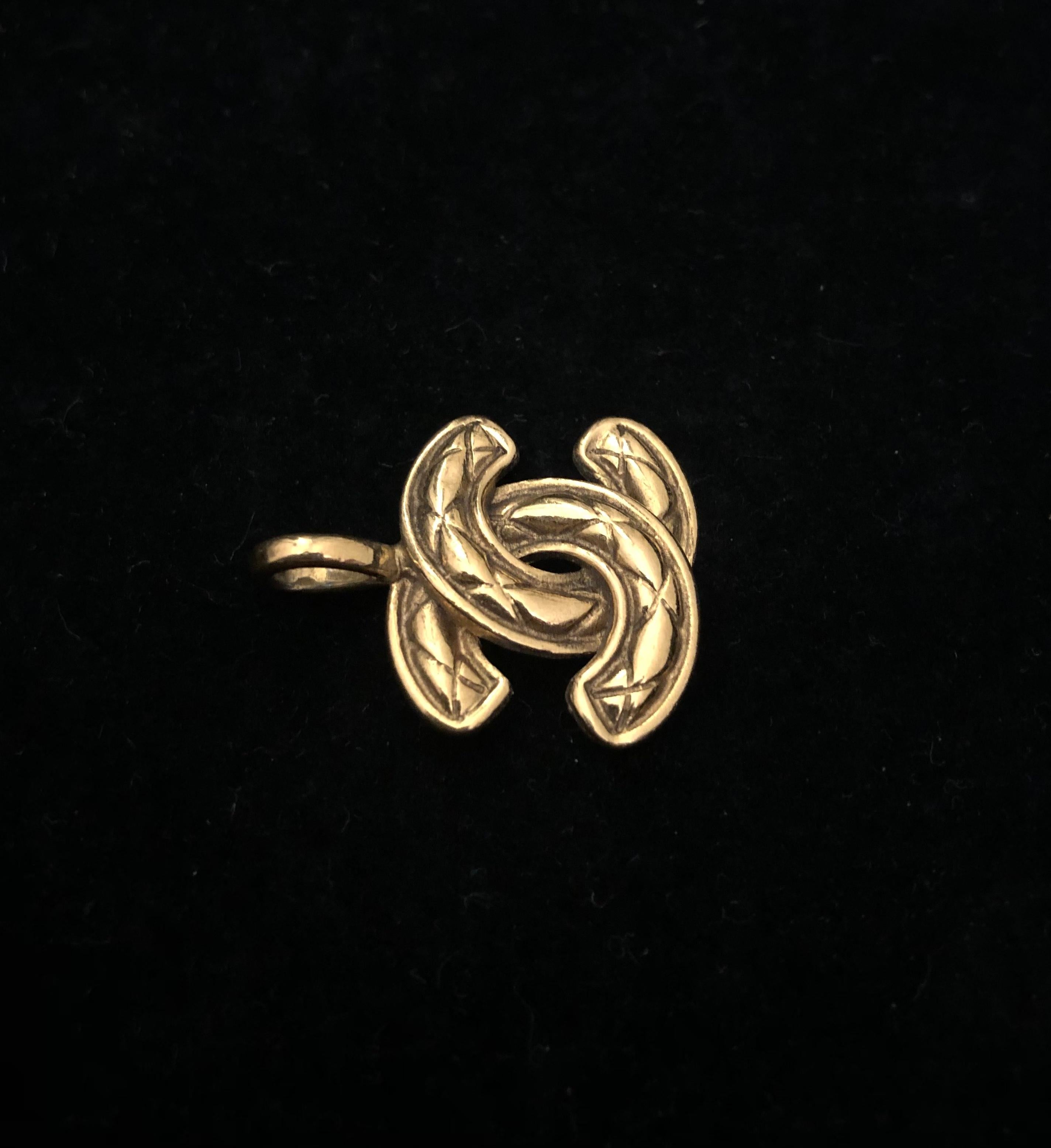 Women's or Men's 1980s Vintage CHANEL Gold Toned Quilted CC Pendant Charm (Small)