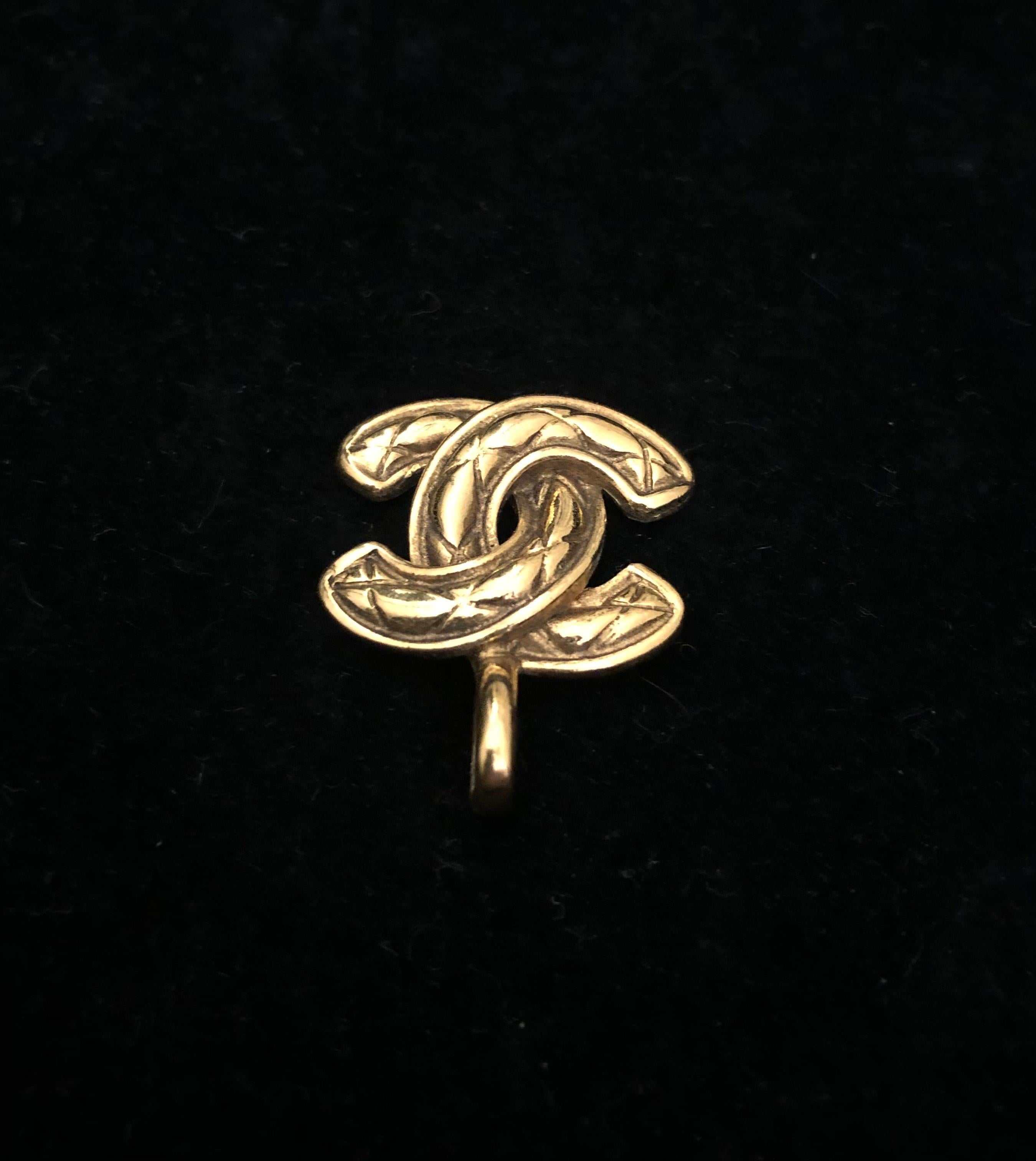 1980s Vintage CHANEL Gold Toned Quilted CC Pendant Charm (Small) 1
