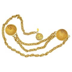 1980s Vintage CHANEL Gold Toned Tweed Medallion Chain Belt