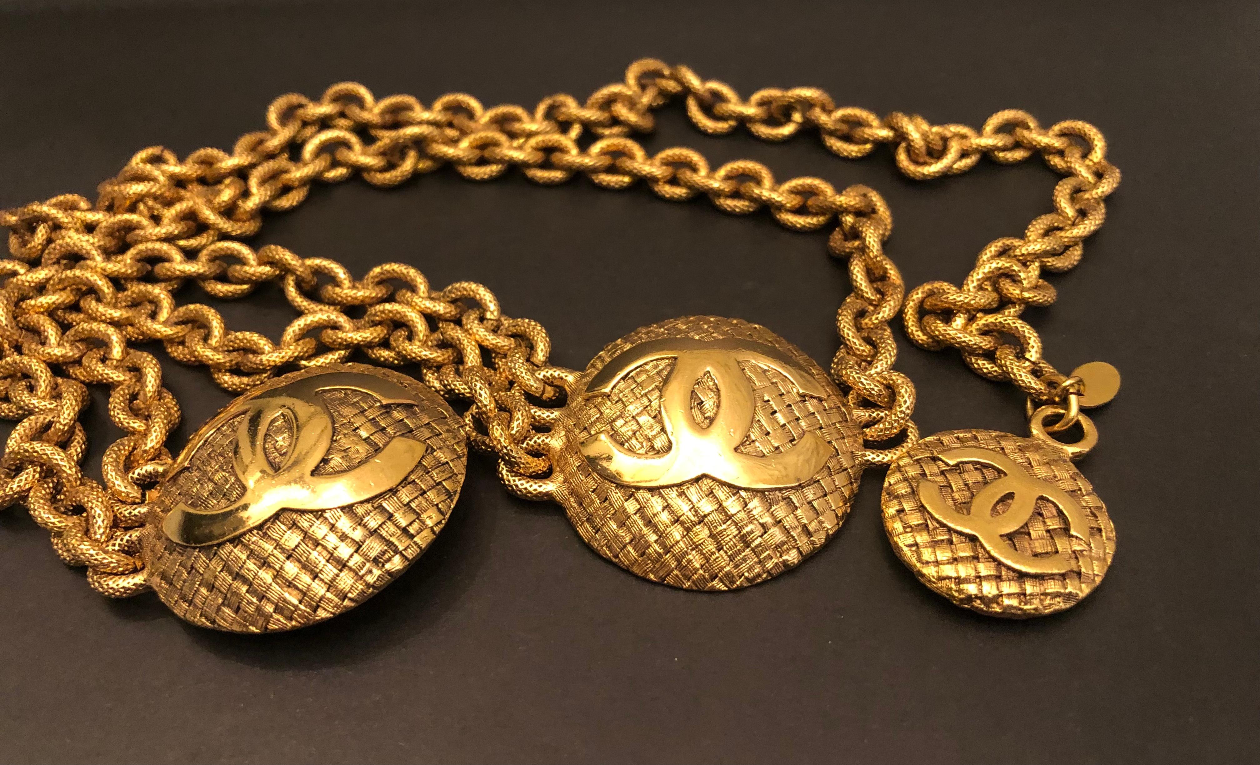 Brown 1980s Vintage CHANEL Gold Toned Tweed Medallion Chain Belt  For Sale