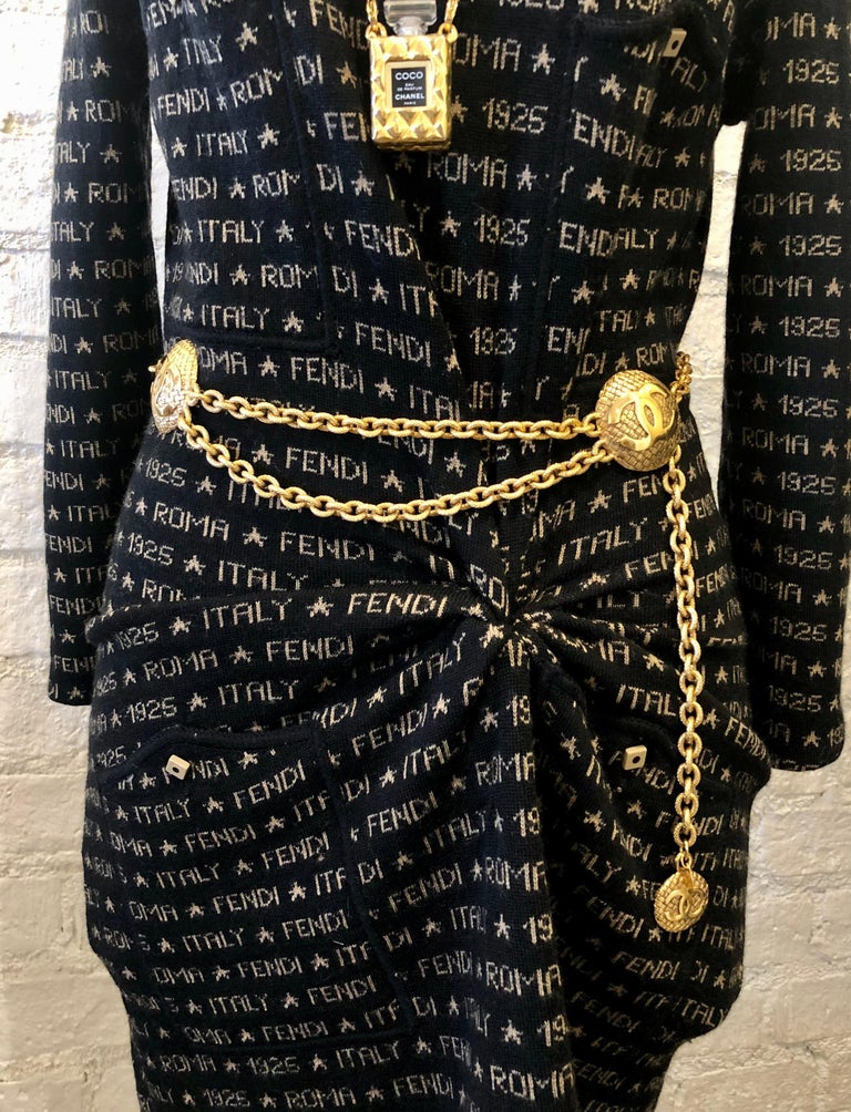 1980s Vintage CHANEL Gold Toned Tweed Medallion Chain Belt 