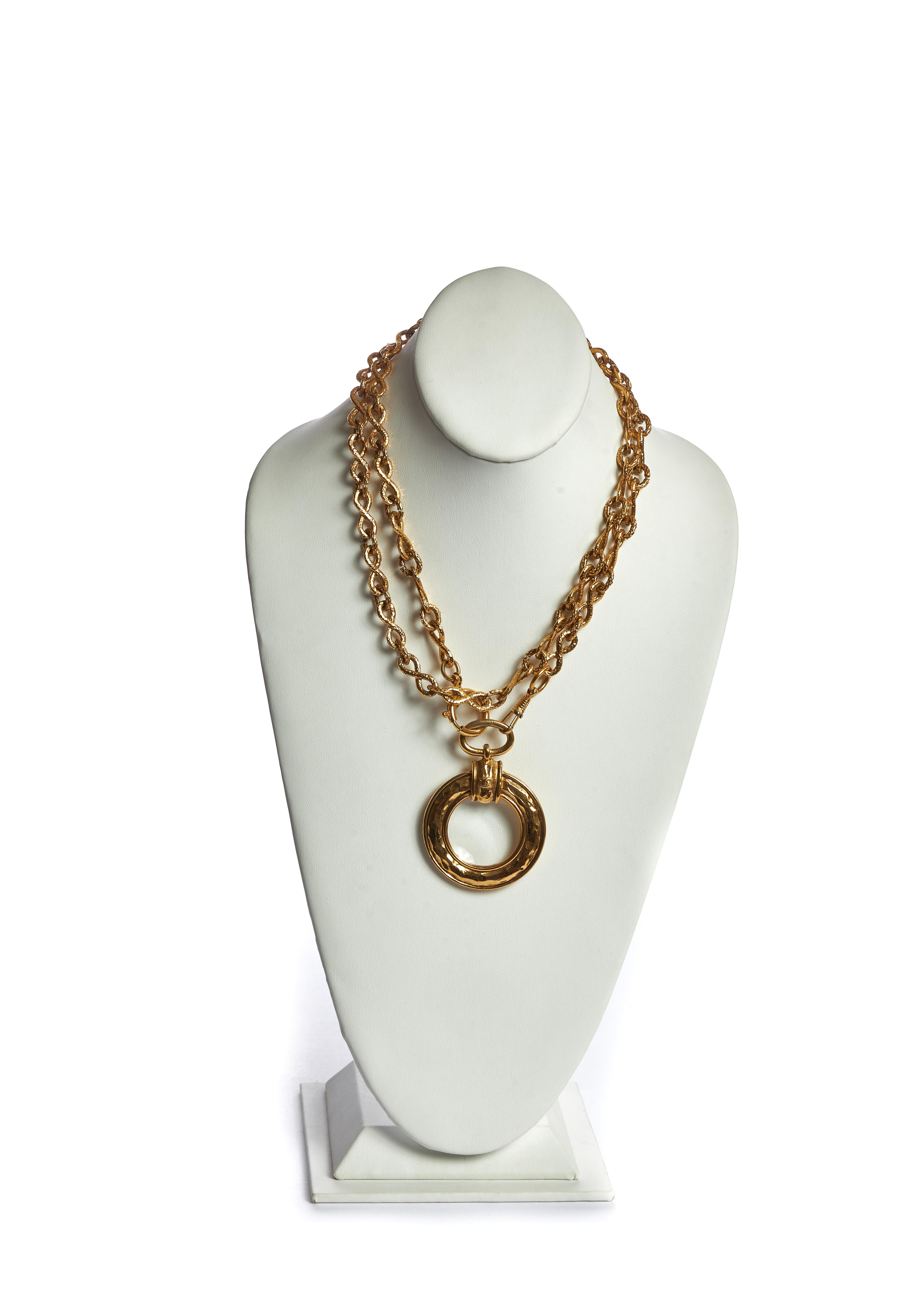 1980s Vintage Chanel Hammered Magnifier Necklace For Sale
