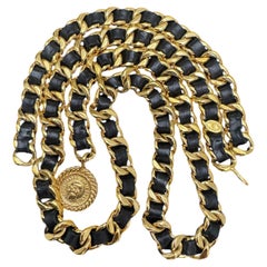 1980s Vintage CHANEL Leather Chain Belt Black Gold