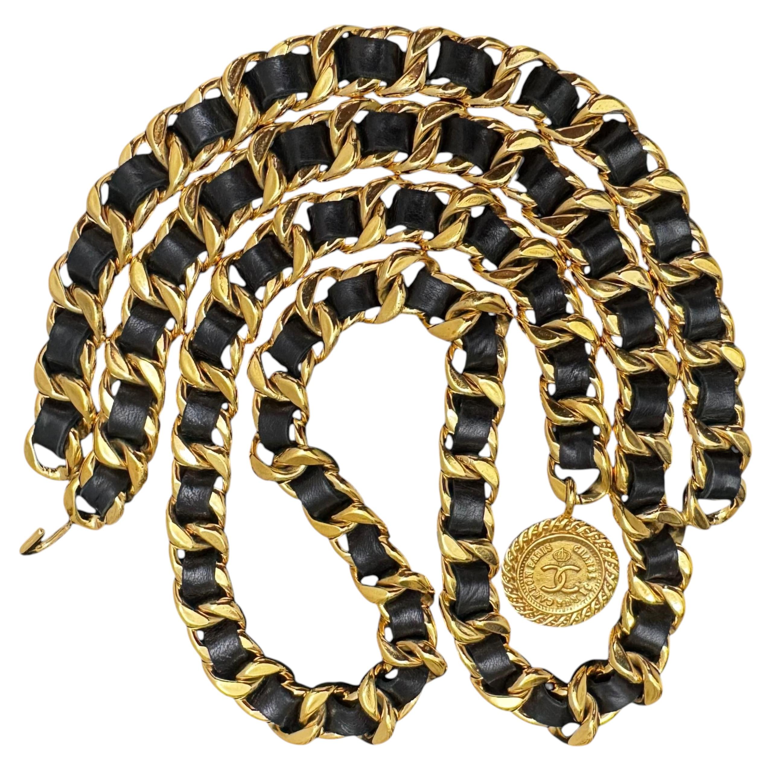 1980s Vintage CHANEL Leather Chain Belt Black Gold