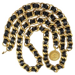 1980s Vintage CHANEL Leather Chain Belt Black Gold