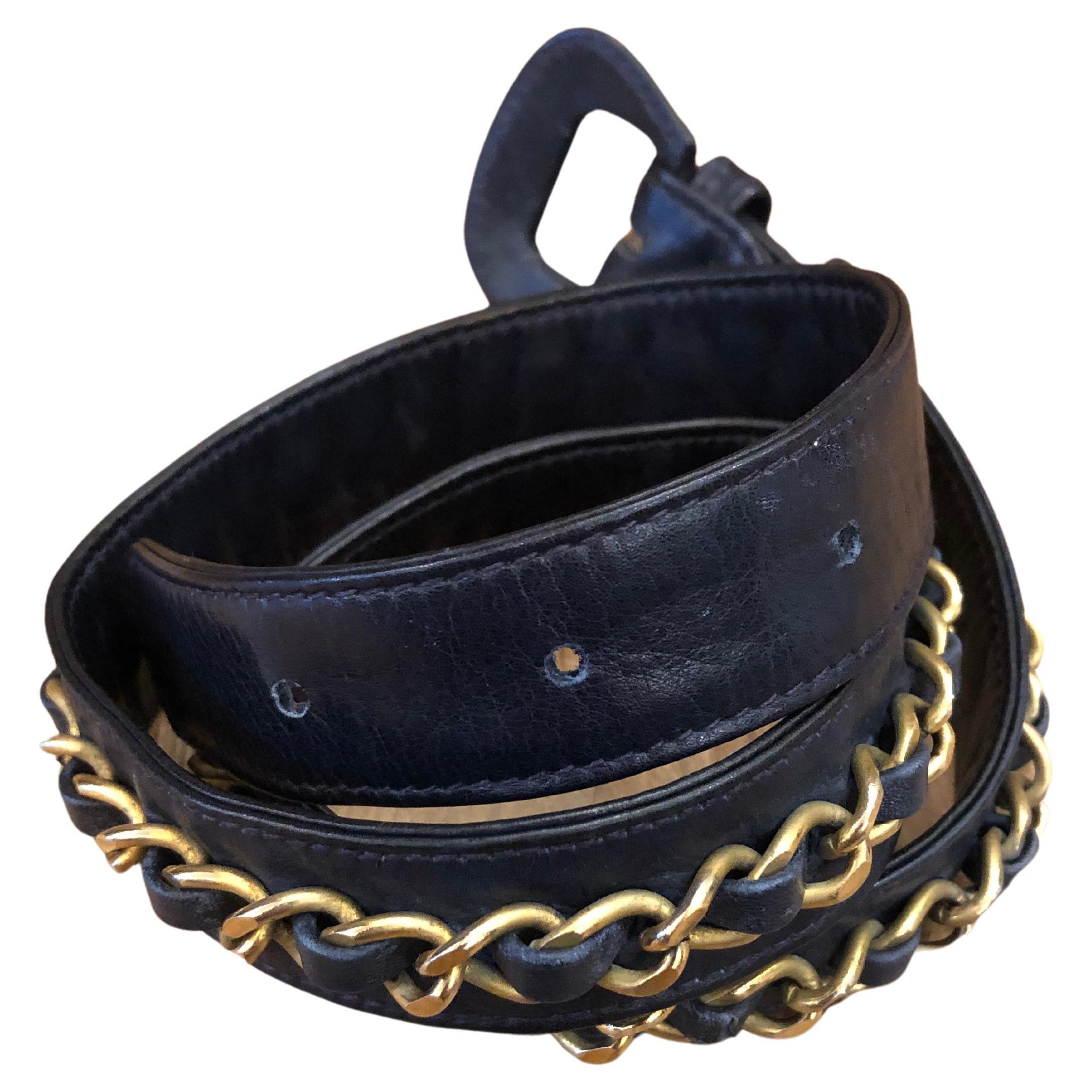 Black 1980s Vintage CHANEL Navy Leather Chain Belt for CHANEL Belt Bag