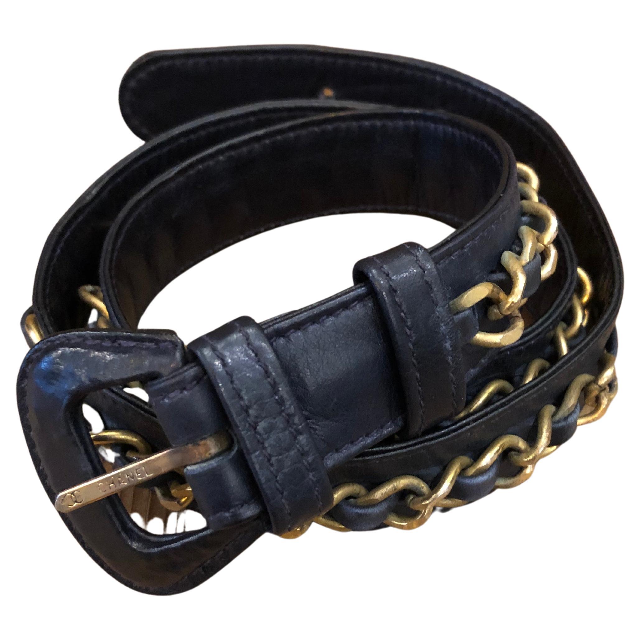 1980s Vintage CHANEL Navy Leather Chain Belt for CHANEL Belt Bag
