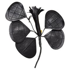 1980s Vintage CHANEL Massive Diamond Quilted Leather Floral Brooch Black