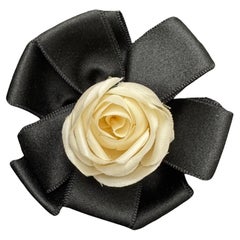 1980s Vintage CHANEL Massive Ribbon Camellia Brooch Black White