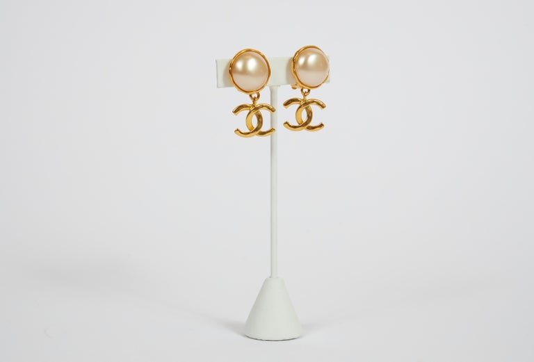 1980's Vintage Chanel Pearl CC Logo Gold Drop Earrings