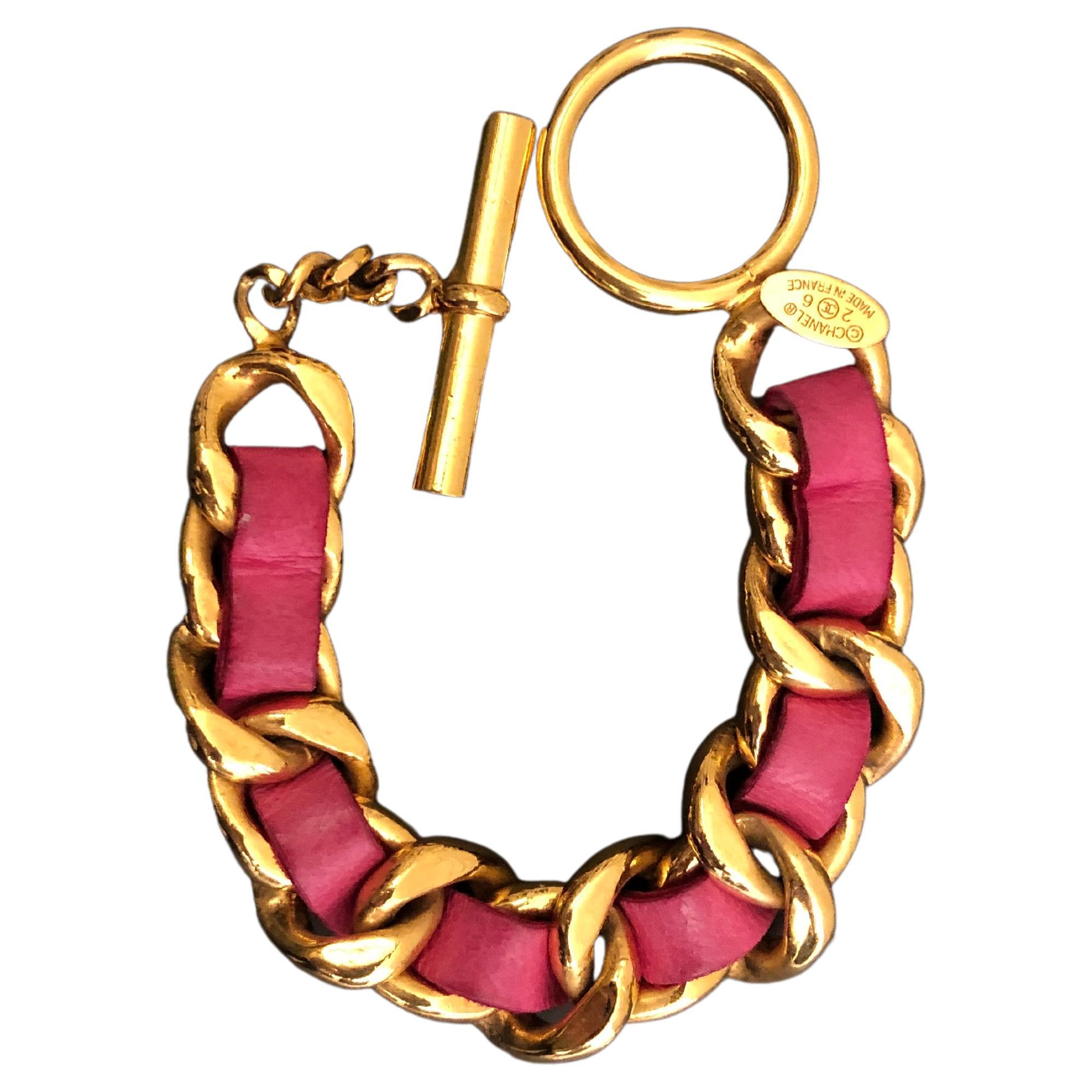 1980s Vintage CHANEL Pink Lambskin Leather Gold Toned Chain Link Bracelet 