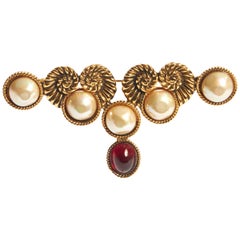 1980's Vintage Chanel Rare Pearls & Red Gripoix Pin