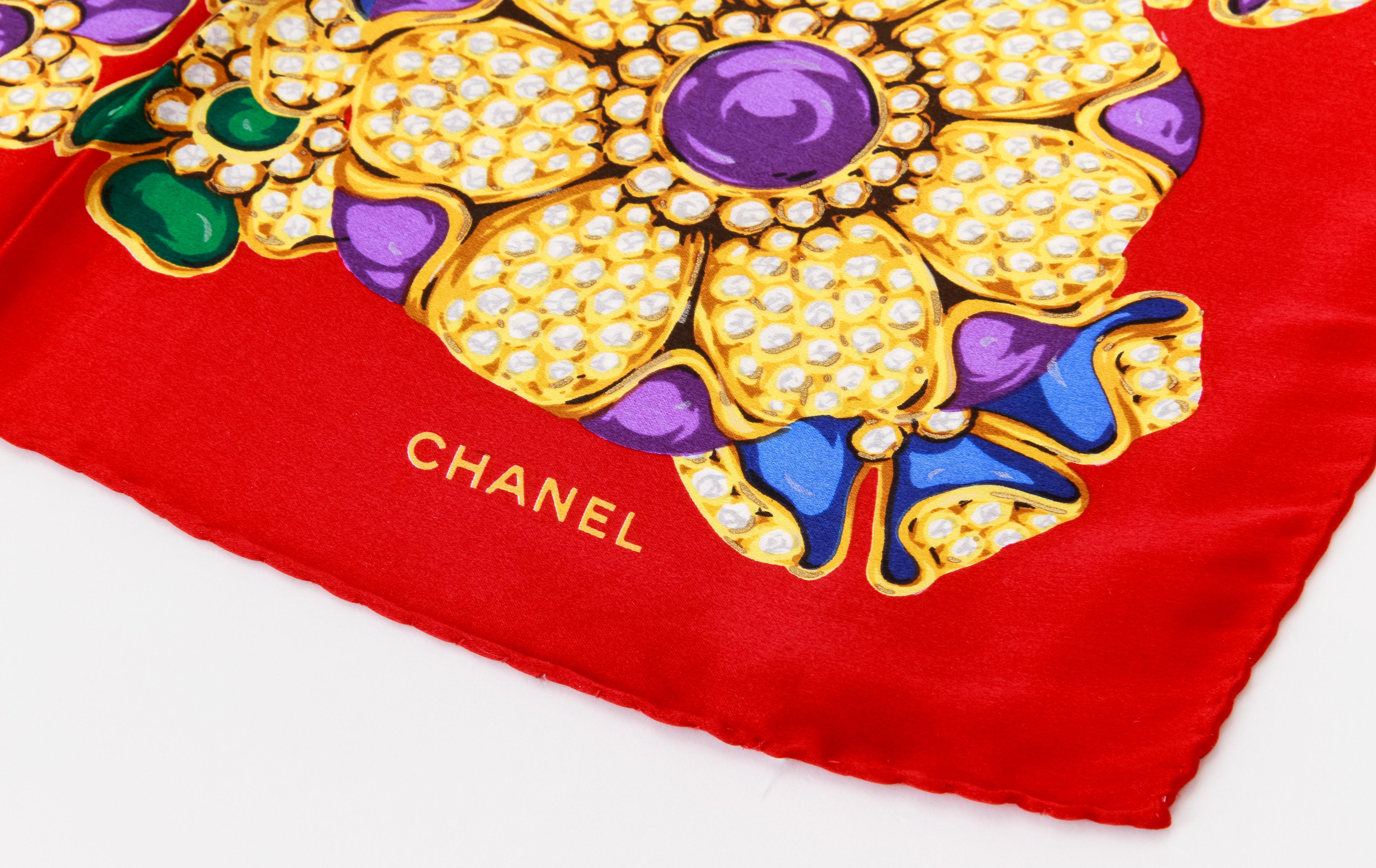 1980's Vintage Chanel Rare Red Gripoix Silk Scarf 1