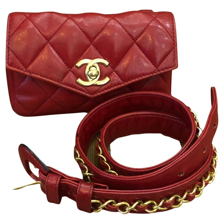 1980s Vintage CHANEL Red Lambskin Leather Belt Bag