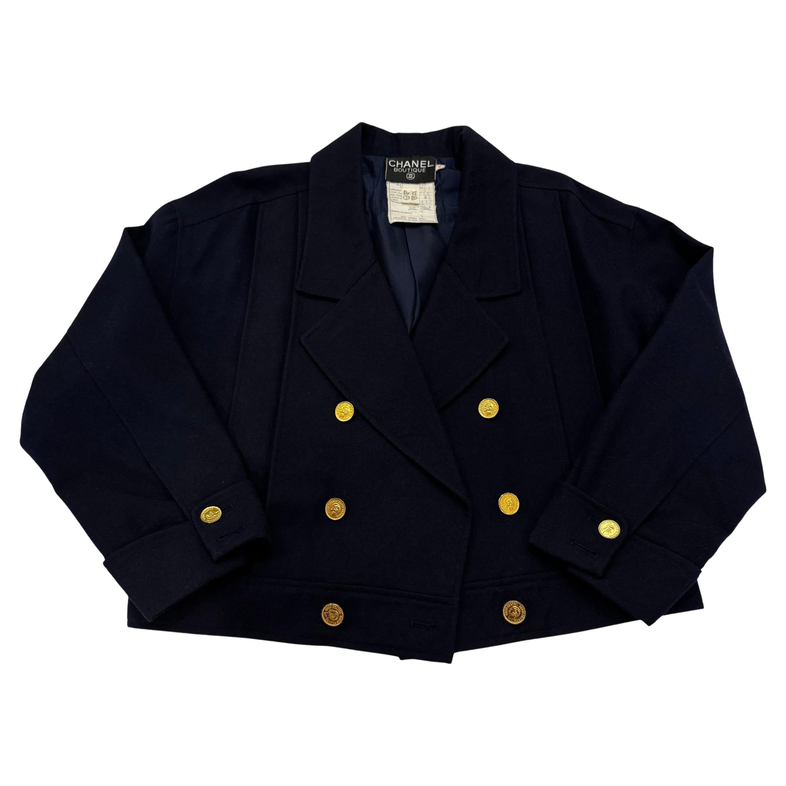 1980s Vintage CHANEL Wool Double-Breasted Jacket FR42 Navy