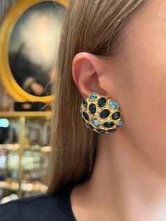 Vintage-Clip-Ohrringe von Christian Dior aus den 1980er Jahren in Goldoptik mit blauen Kristallen in Kuppelform