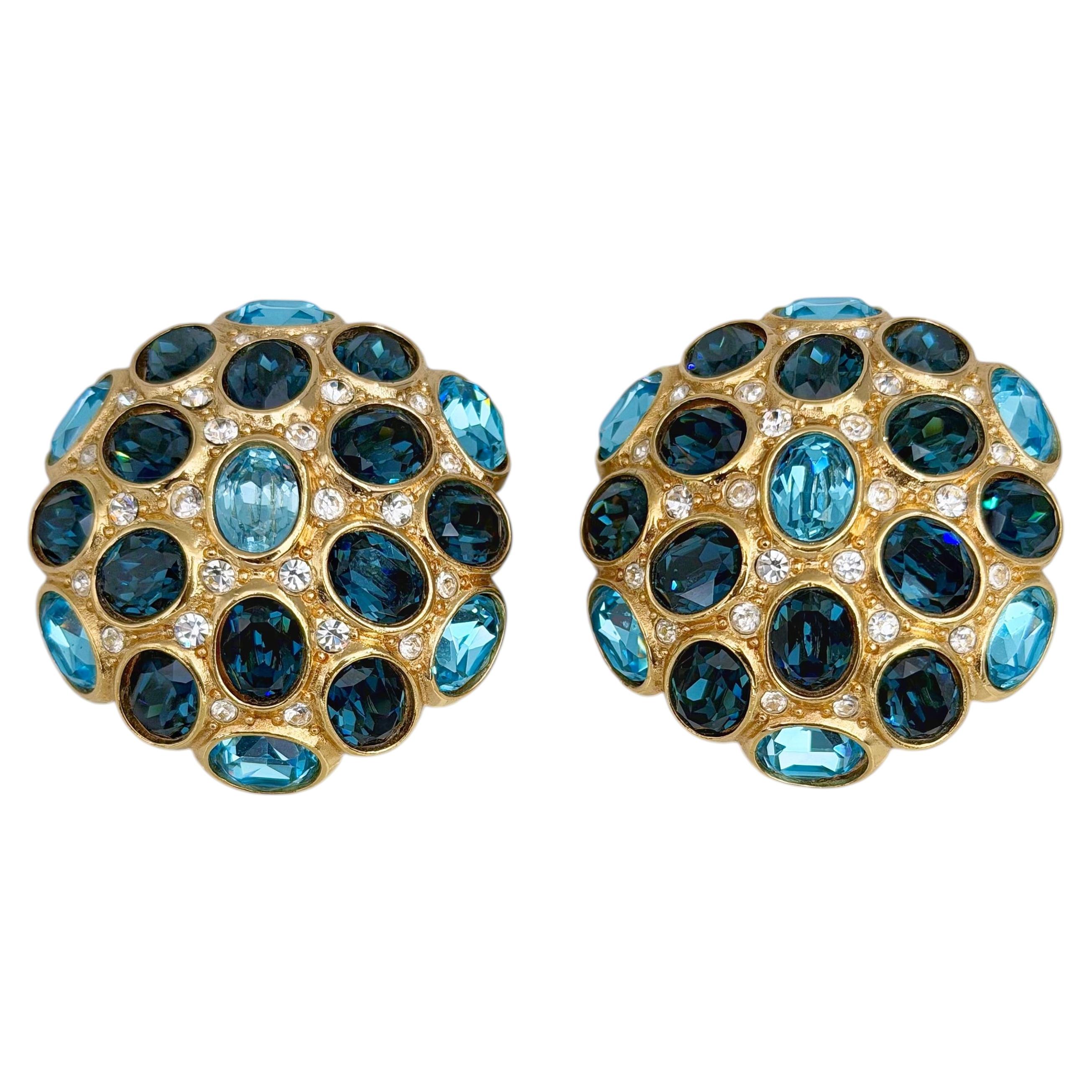 1980s Vintage Christian Dior Gold Tone Blue Crystal Dome Clip On Earrings