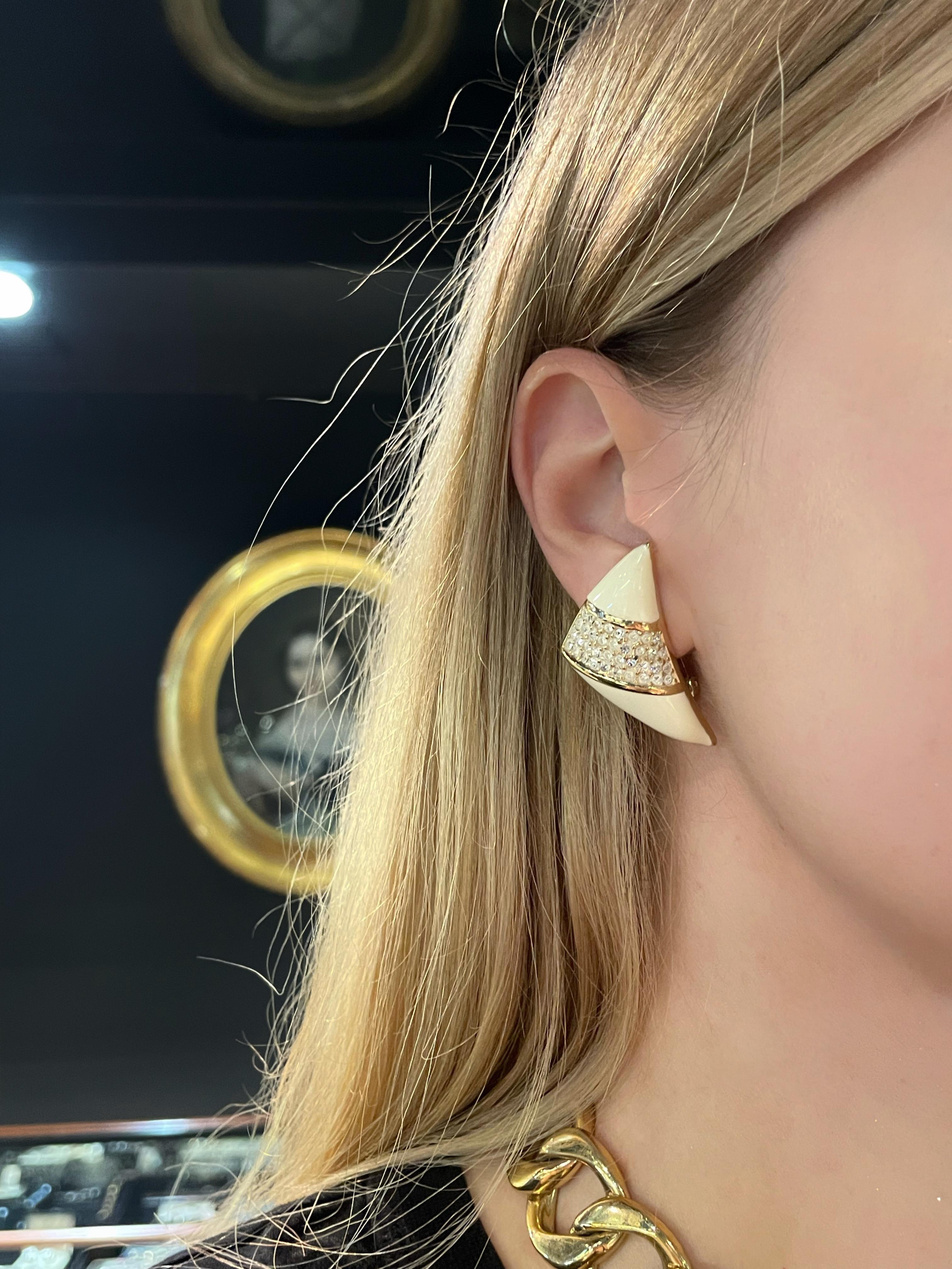 Modern 1980s Vintage Christian Dior Gold Tone Enamel Rhinestones Clip On Earrings