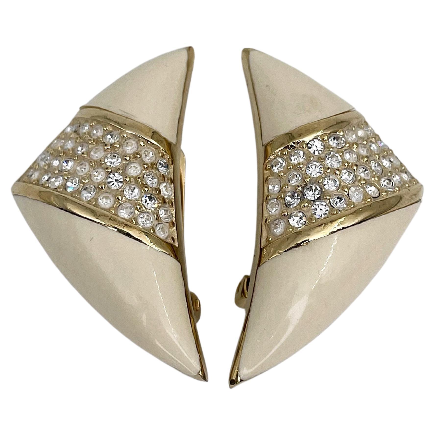 1980s Vintage Christian Dior Gold Tone Enamel Rhinestones Clip On Earrings