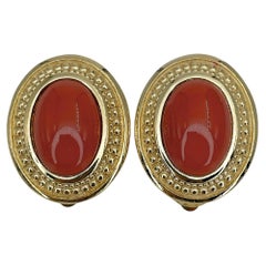 1980s Vintage Christian Dior Gold Tone Faux Coral Oval Clip On Earrings
