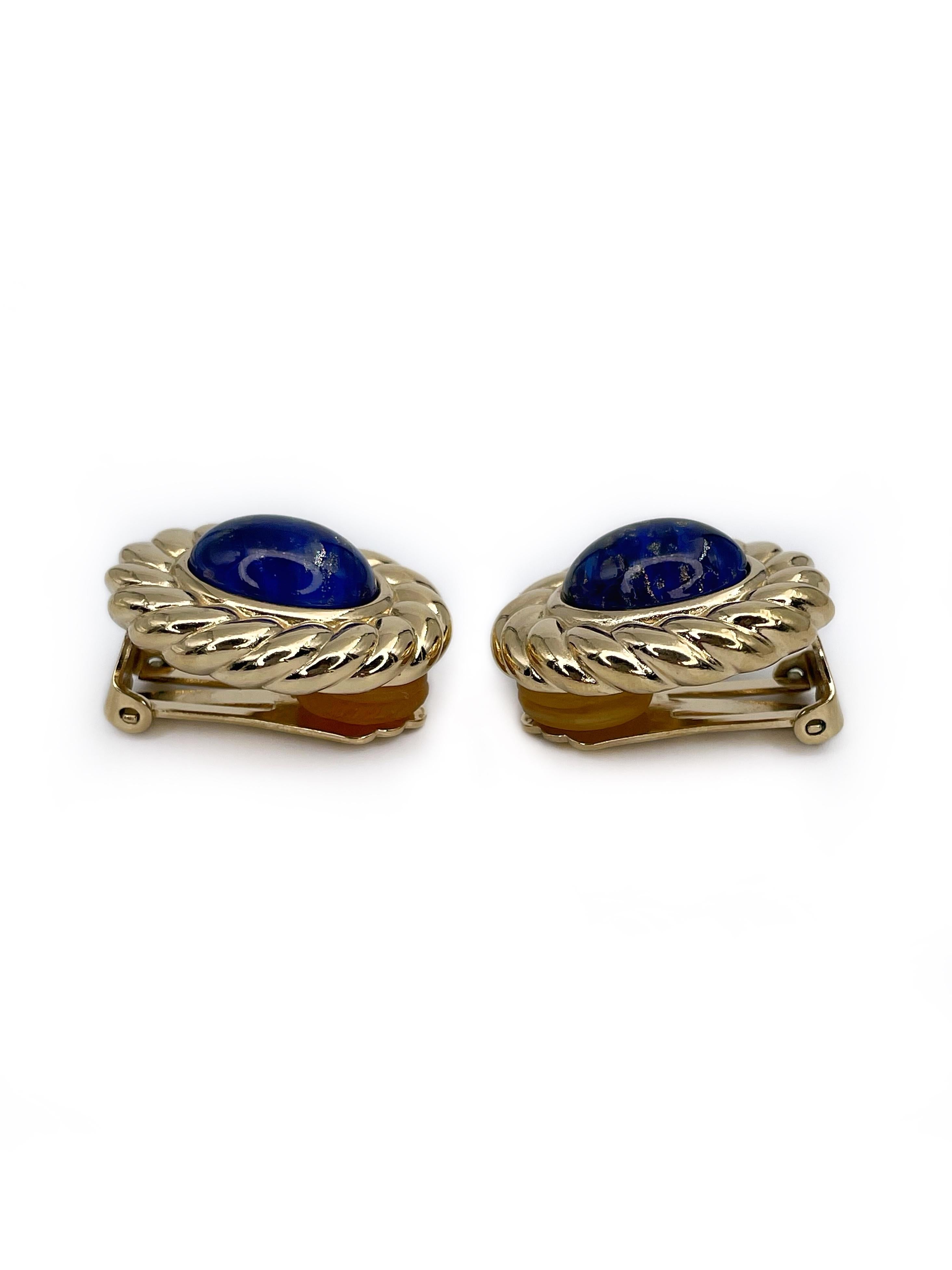 Modern 1980s Vintage Christian Dior Gold Tone Faux Lapis Lazuli Oval Clip on Earrings