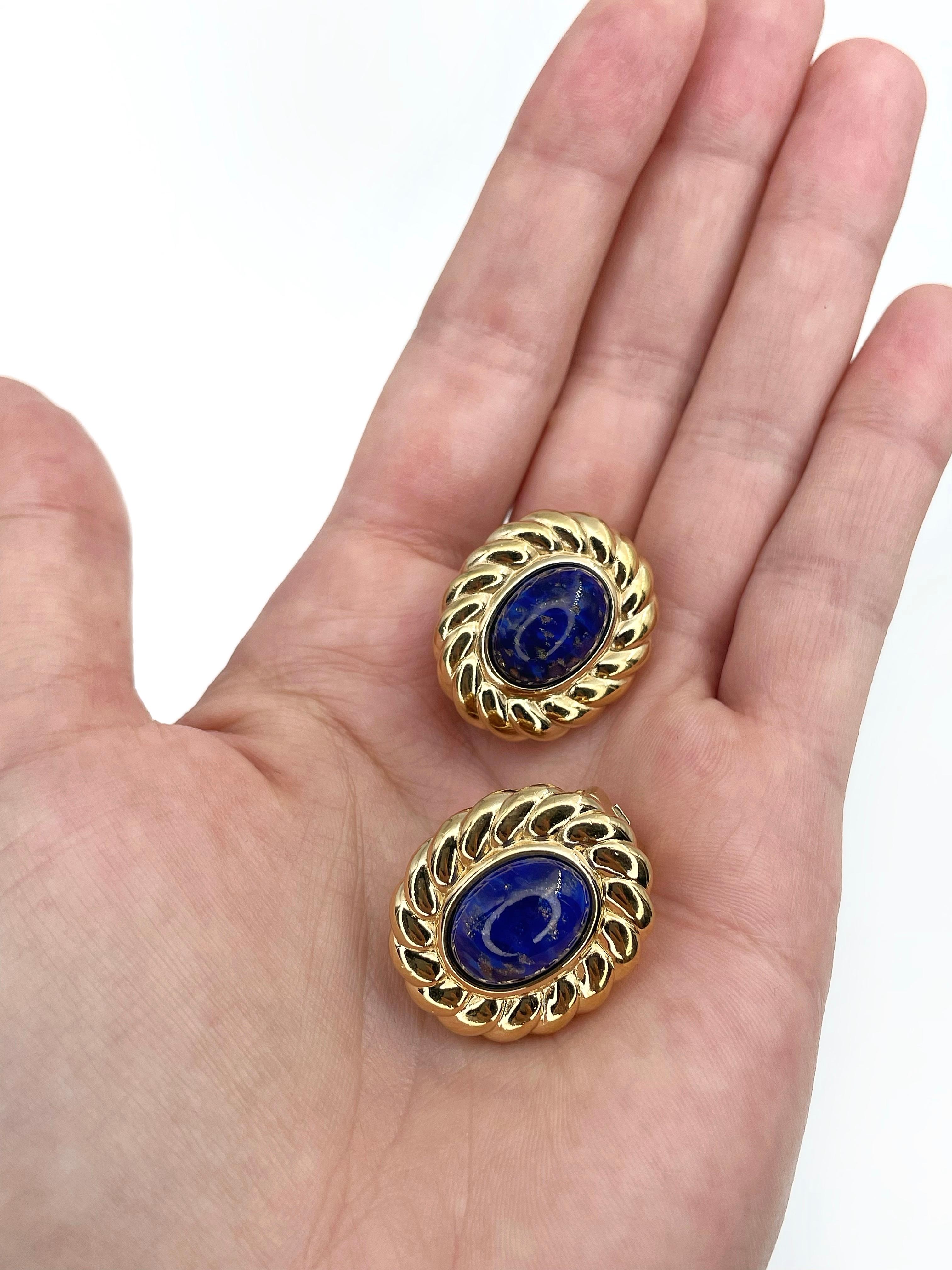 1980s Vintage Christian Dior Gold Tone Faux Lapis Lazuli Oval Clip on Earrings In Good Condition In Vilnius, LT