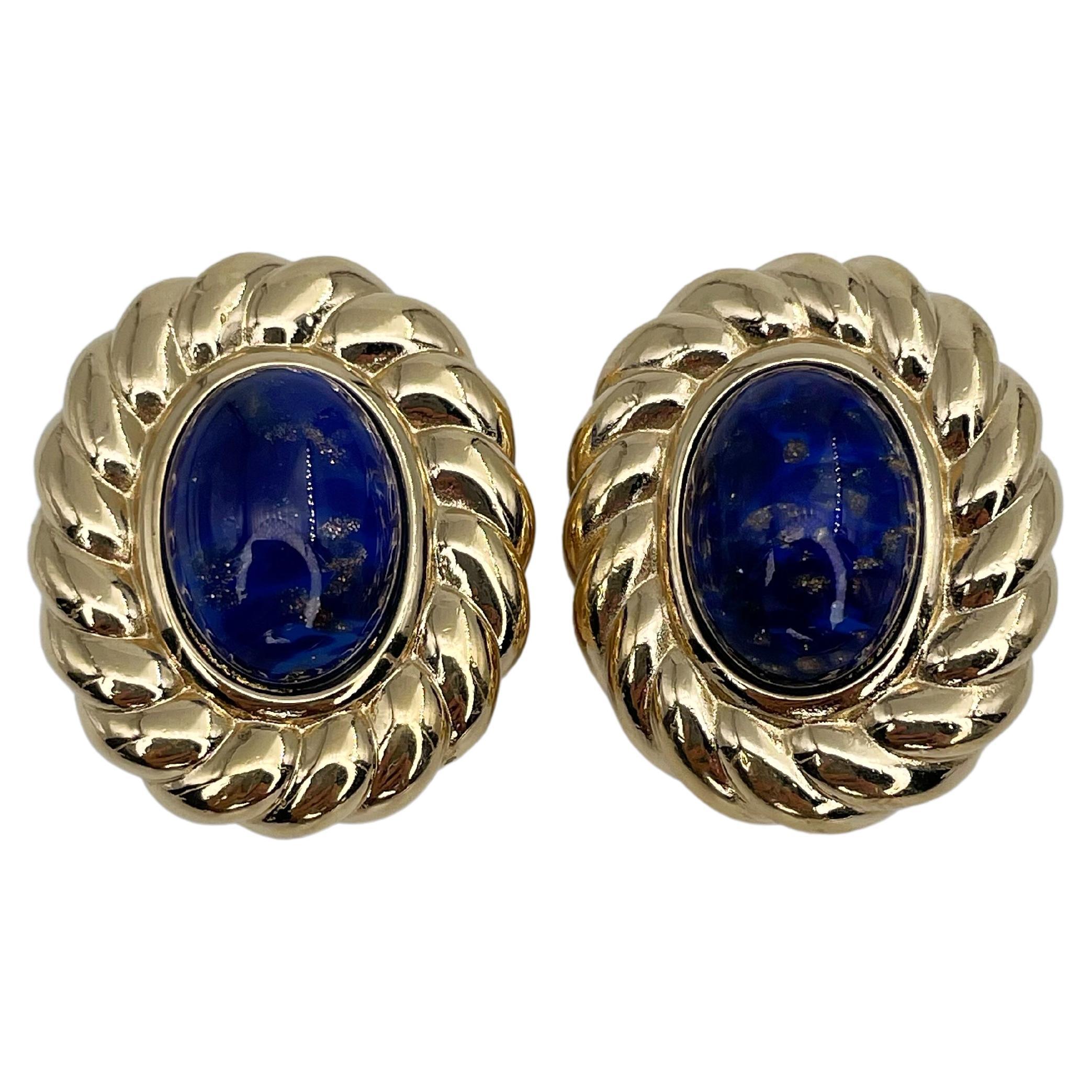 1980s Vintage Christian Dior Gold Tone Faux Lapis Lazuli Oval Clip on Earrings