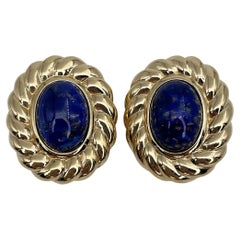 1980s Retro Christian Dior Gold Tone Faux Lapis Lazuli Oval Clip on Earrings
