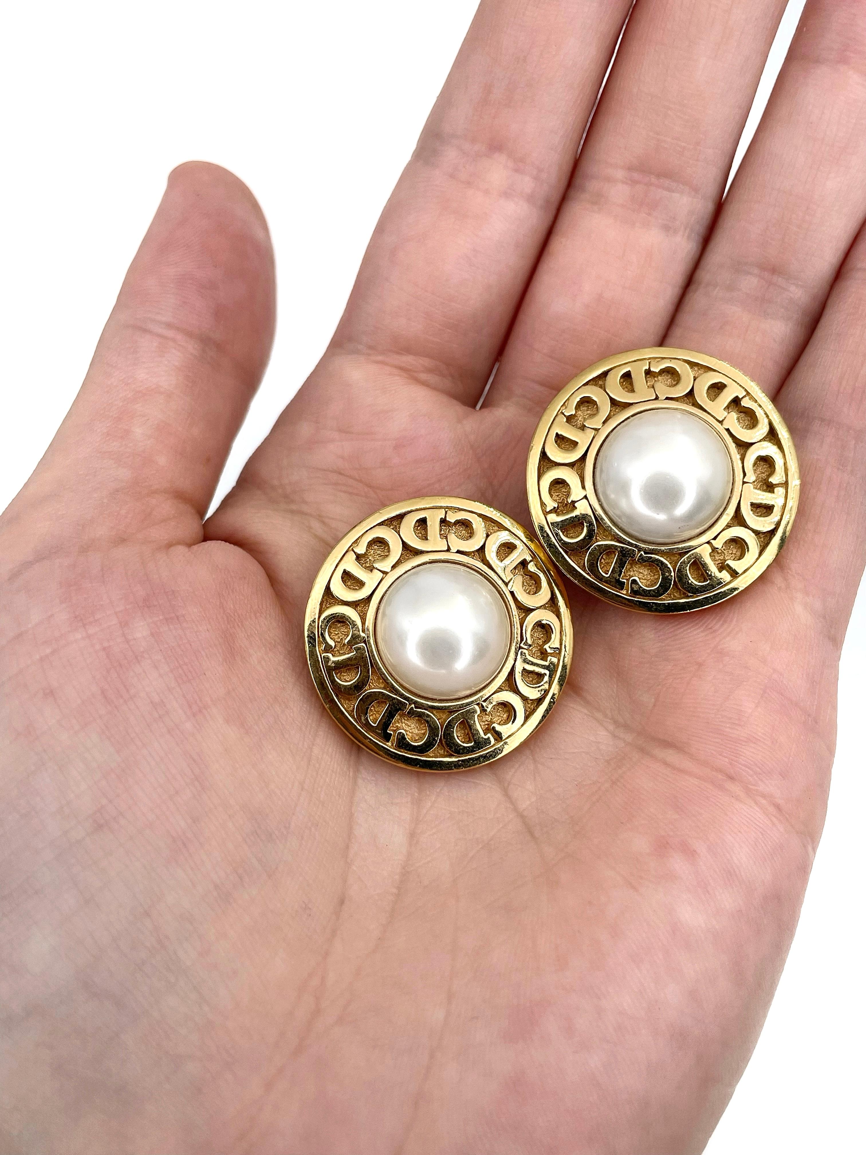 Modern 1980s Vintage Christian Dior Gold Tone Faux Pearl CD Logo Round Clip On Earrings