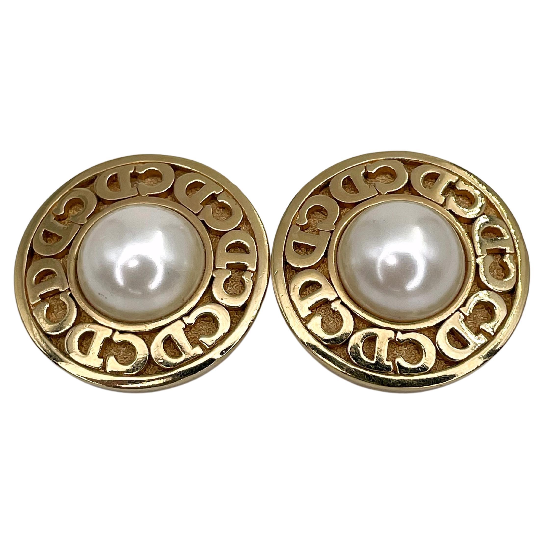 1980s Vintage Christian Dior Gold Tone Faux Pearl CD Logo Round Clip On Earrings