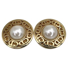 1980s Retro Christian Dior Gold Tone Faux Pearl CD Logo Round Clip On Earrings