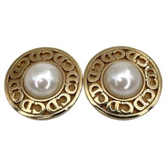 1980s Vintage Christian Dior Gold Tone Faux Pearl CD Logo Round Clip On Earrings