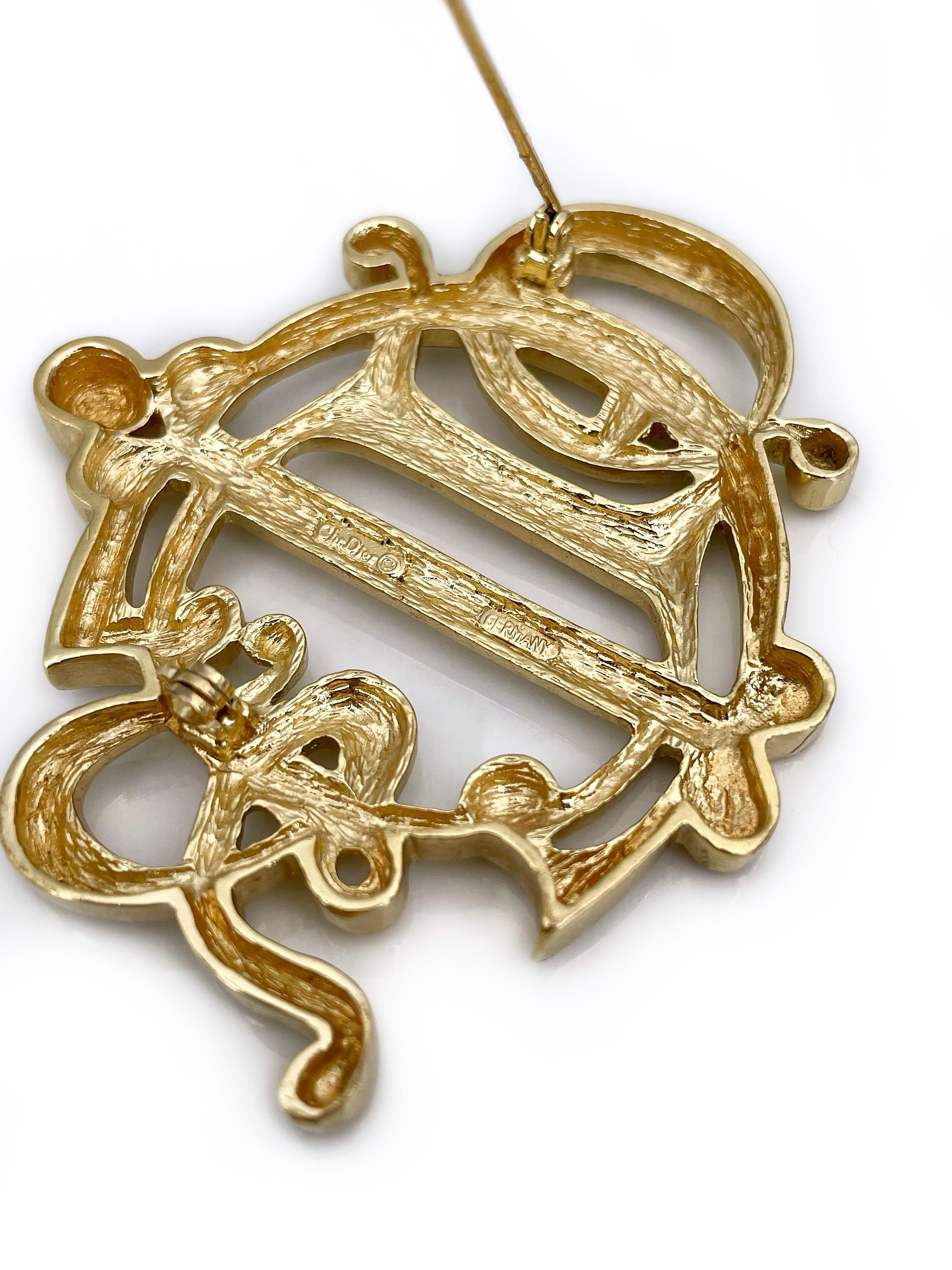 Modern 1980s Vintage Christian Dior Gold Tone Insignia Initial Logo Monogram Pin Brooch