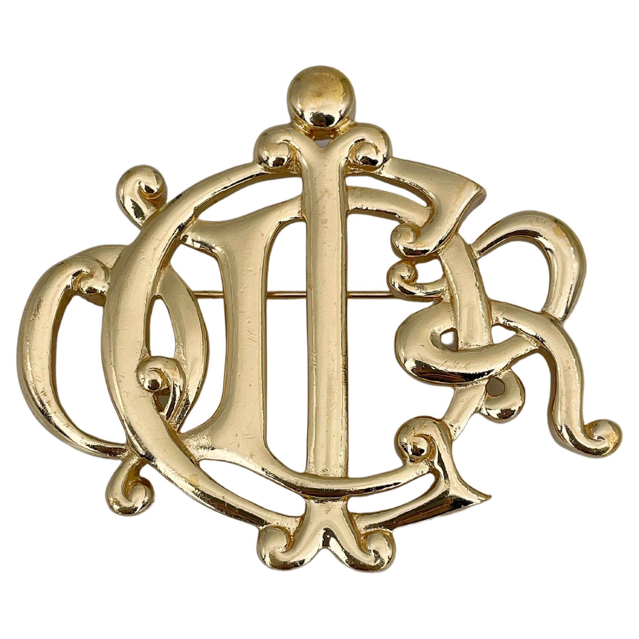 1980s Vintage Christian Dior Gold Tone Insignia Initial Logo Monogram Pin Brooch