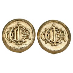 1980s Vintage Christian Dior Gold Tone Monogram Round Clip on Earrings