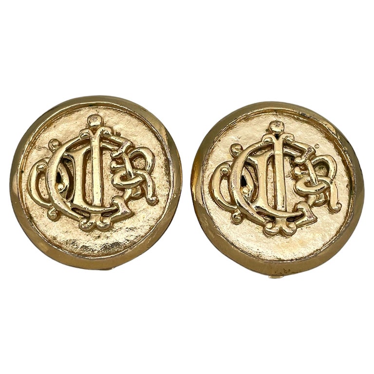 1980s Vintage Christian Dior Gold Tone Monogram Round Clip on Earrings For Sale