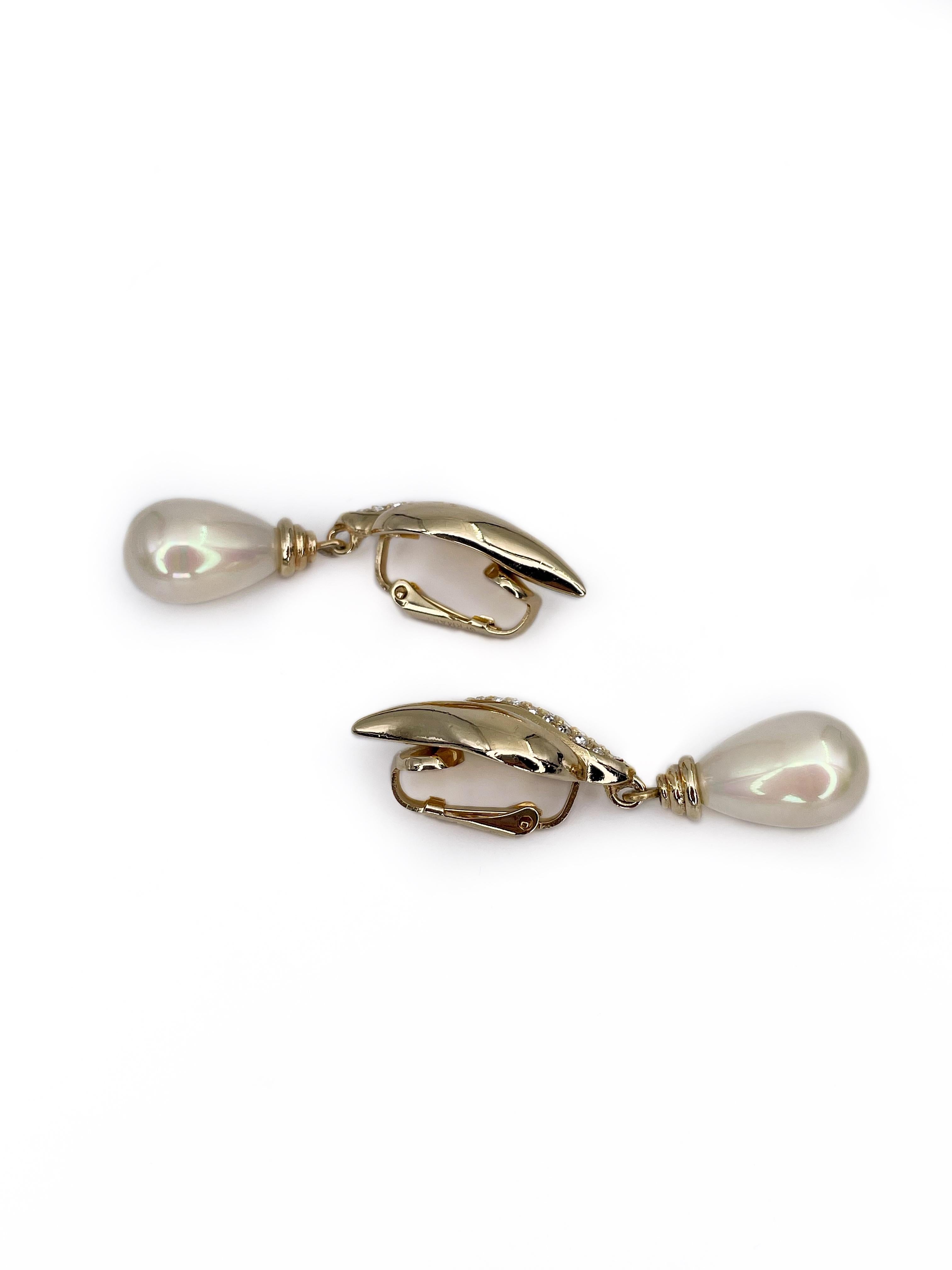 Modern 1980s Vintage Christian Dior Gold Tone Pearl Rhinestone Drop Clip On Earrings