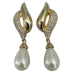 1980s Vintage Christian Dior Gold Tone Pearl Rhinestone Drop Clip On Earrings