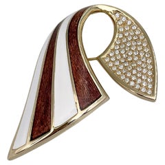 1980s Vintage Christian Dior Gold Tone Rhinestone Brown Enamel Ribbon Brooch