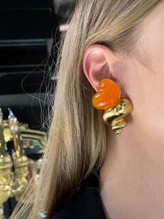 1980s Vintage Christian Dior Parfums Gold Tone Orange Shell Clip On Earrings