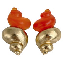 1980s Vintage Christian Dior Parfums Gold Tone Orange Shell Clip On Earrings