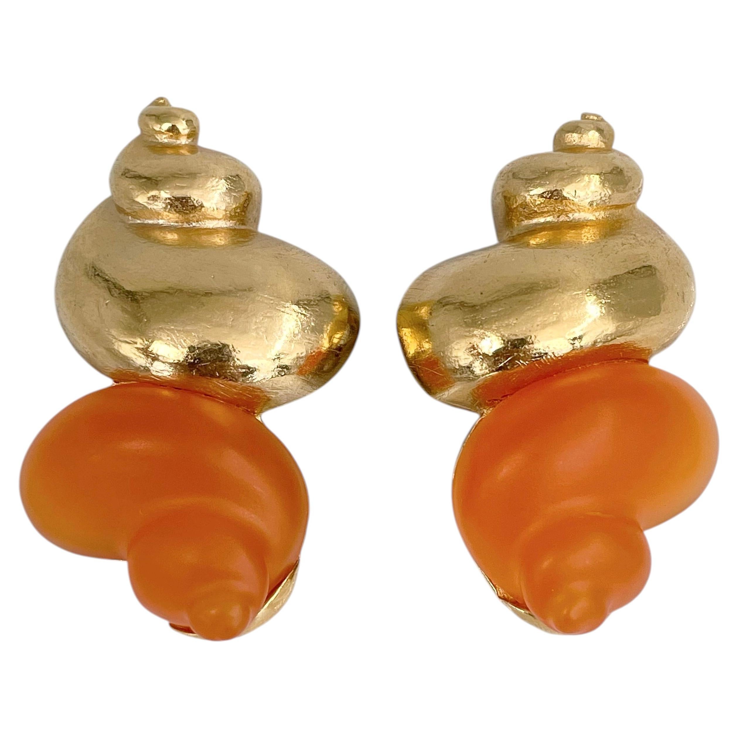 1980s Vintage Christian Dior Parfums Gold Tone Orange Shell Clip On Earrings