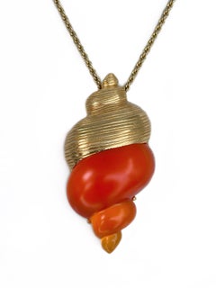 1980s Vintage Christian Dior Parfums Gold Tone Orange Shell Necklace Pin Brooch