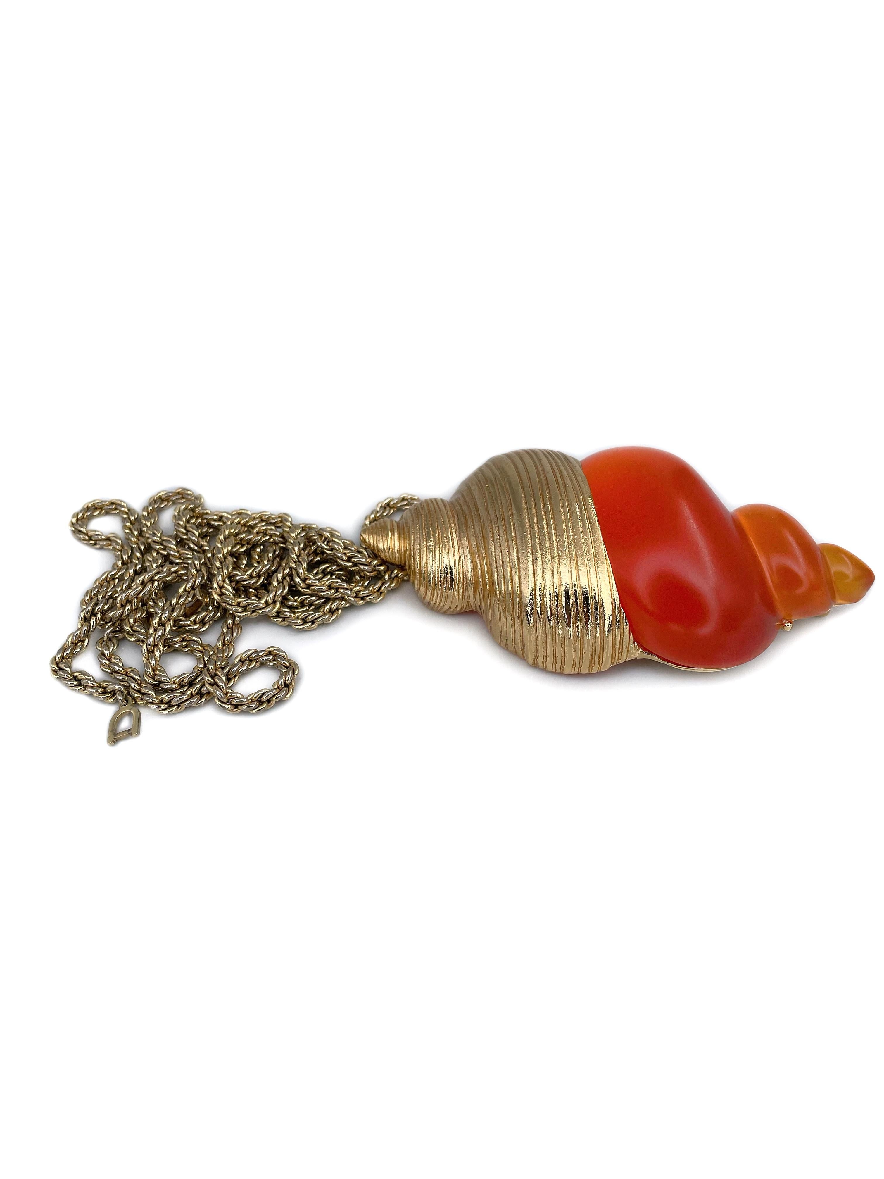 Modern 1980s Vintage Christian Dior Parfums Gold Tone Orange Shell Necklace Pin Brooch