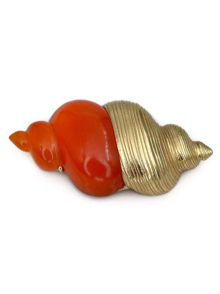 1980s Vintage Christian Dior Parfums Gold Tone Orange Shell Pendant Pin