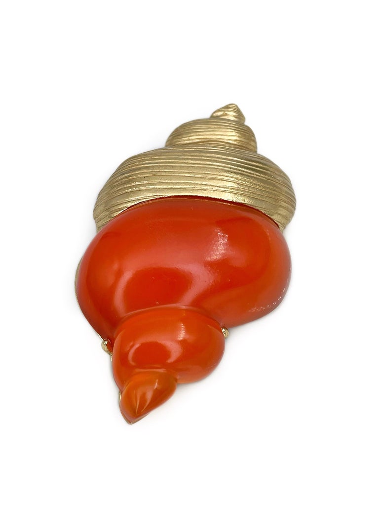 1980s Vintage Christian Dior Parfums Gold Tone Orange Shell Pendant Pin