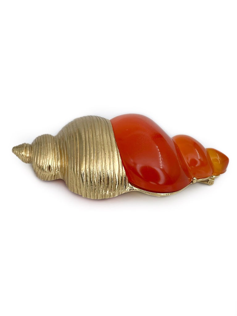 1980s Vintage Christian Dior Parfums Gold Tone Orange Shell Pendant Pin