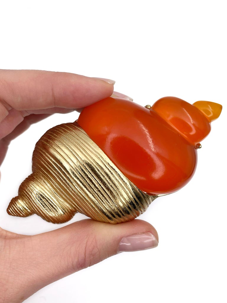 1980s Vintage Christian Dior Parfums Gold Tone Orange Shell Pendant Pin